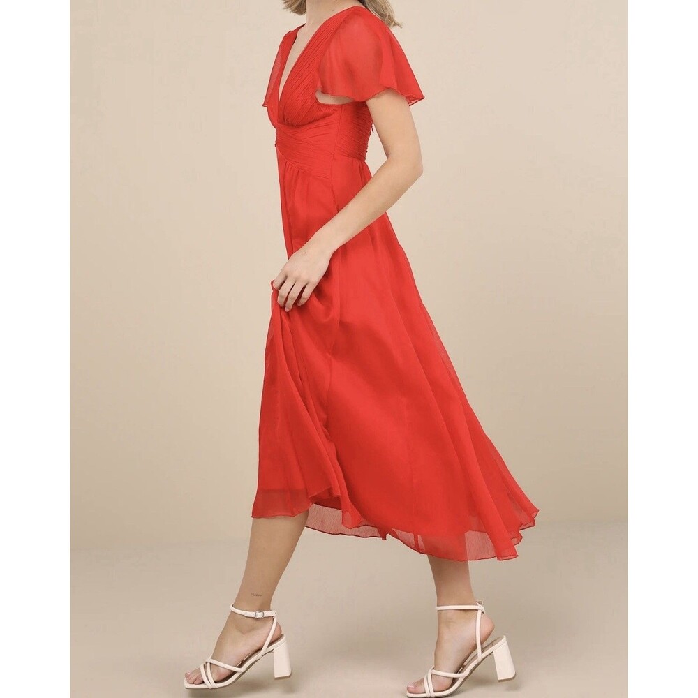 Lulus Women Dress XL Ideal Perception Midi Red Flutter Sleeve V Neck Wedding NWT - Picture 5 of 16
